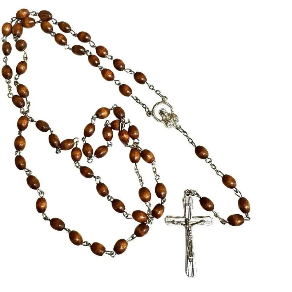 Wood beaded silver tone rosary